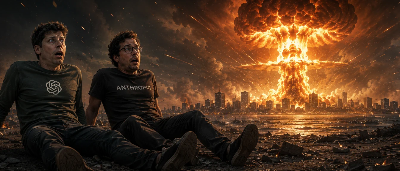 Amid rubble, two men wearing OpenAI- and Anthropic-branded shirts sit side by side staring wide-eyed at the viewer, while a vast mushroom cloud rises over the city skyline behind them.