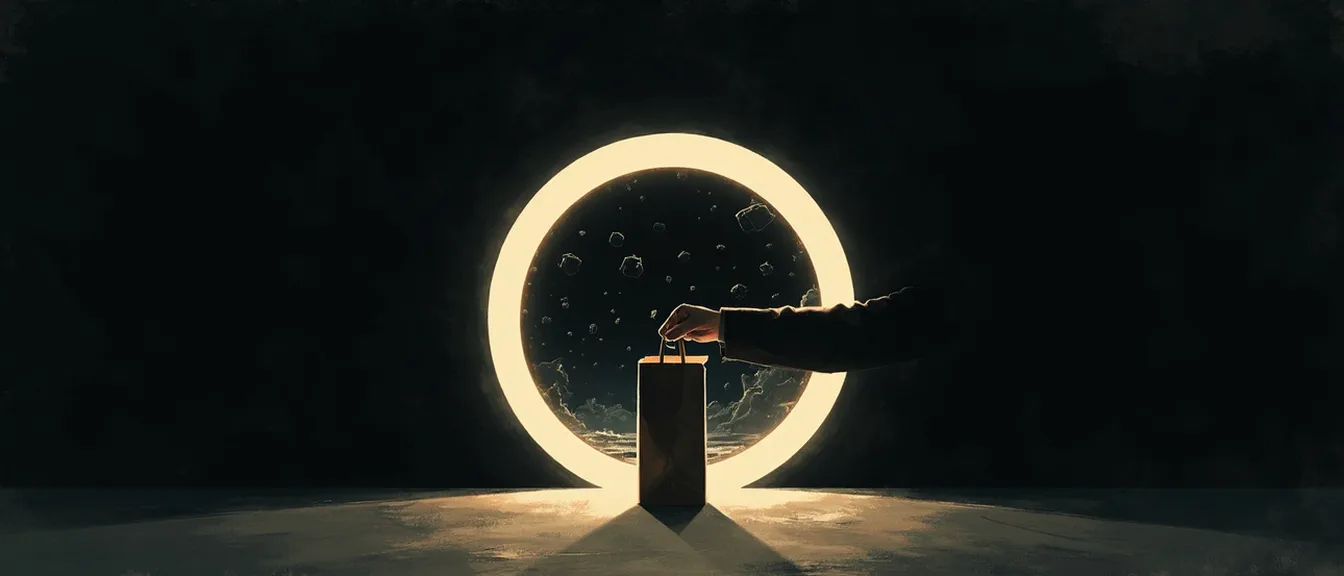 A takeout bag being handed through a glowing portal, while the vast unexplored landscape behind the portal stretches away unnoticed.