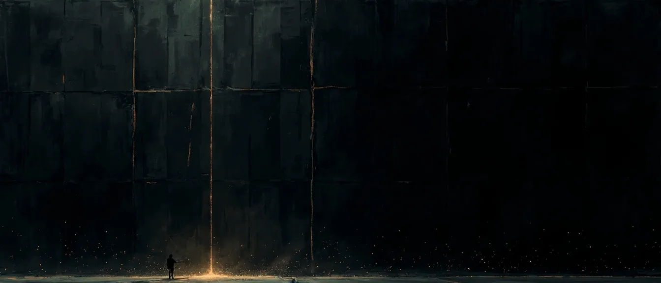 An immense wall spanning the frame, threaded with hairline cracks that a few filaments of light pass through, a small figure at its base following one of them.