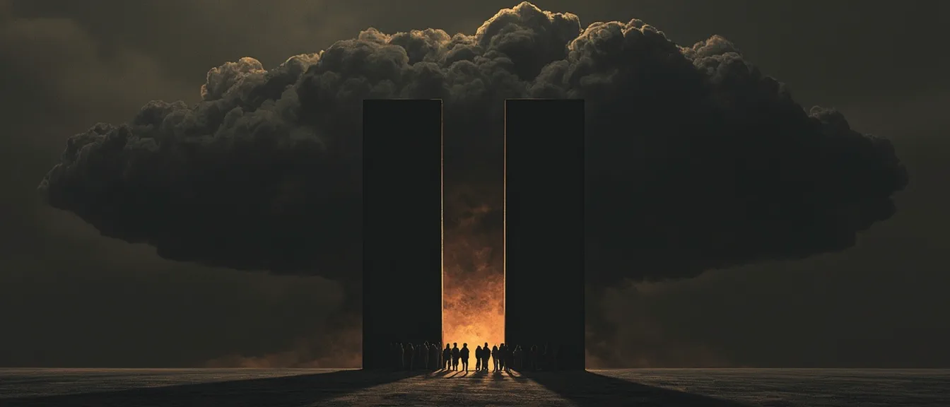 Two corporate monoliths side by side casting identical mushroom-cloud shadows onto a wall, while the actual sky above them stays empty and calm.