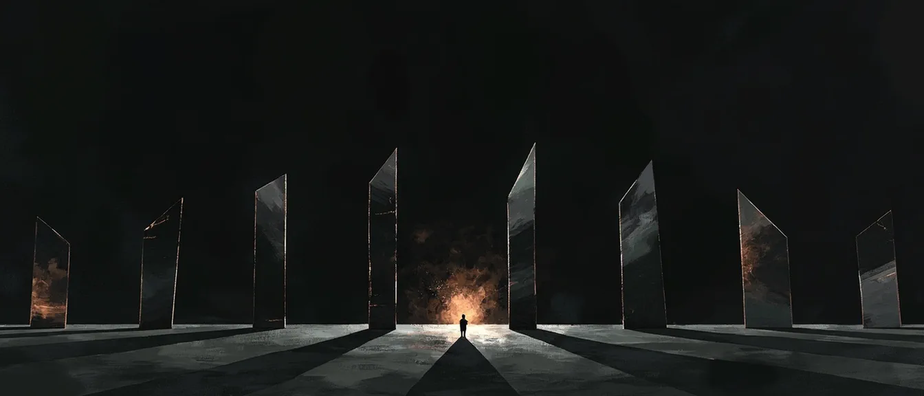 Seven angular mirror shards arranged in an arc on a dark plain, bending one source of light into seven different distorted reflections around a single figure.
