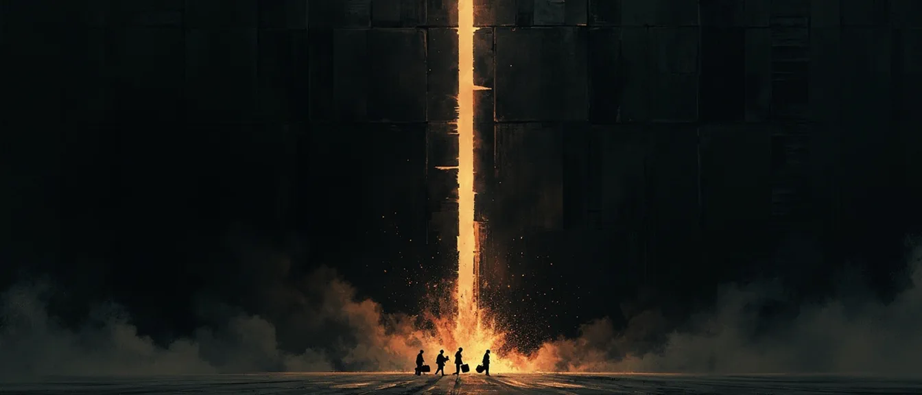 A line of figures with suitcases leaving a walled city for a narrow seam of light in the wall, a stack of ledgers dissolving into embers behind them.