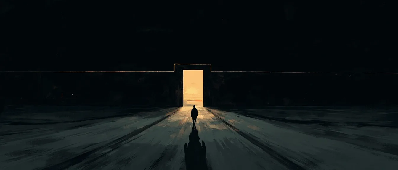 A figure leaving a walled compound along the only lit road of four diverging paths, its shadow stretching long back toward the gate.