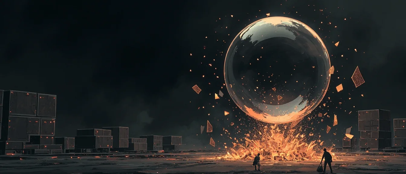 A giant bubble bursting above a skyline of server racks, its shards falling as embers while two figures calmly gather them from the ground.